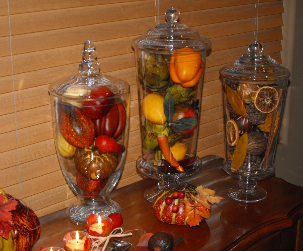 Apothecary Jars with Fall Fruits and Gourds