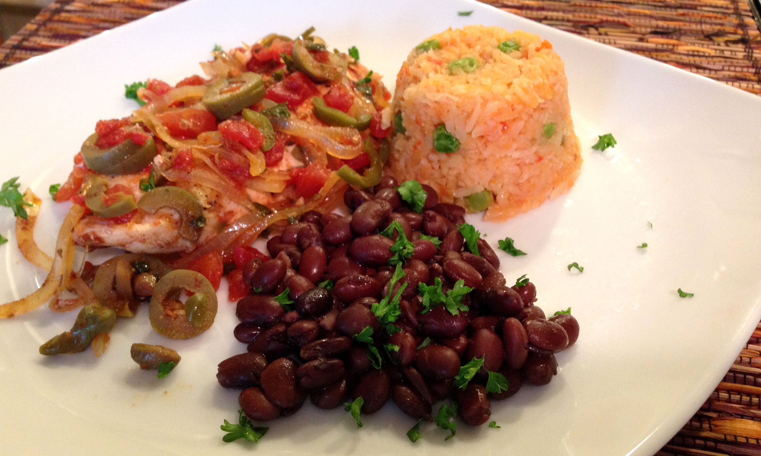 Chicken Veracruzana with Mexican Rice and Black Beans