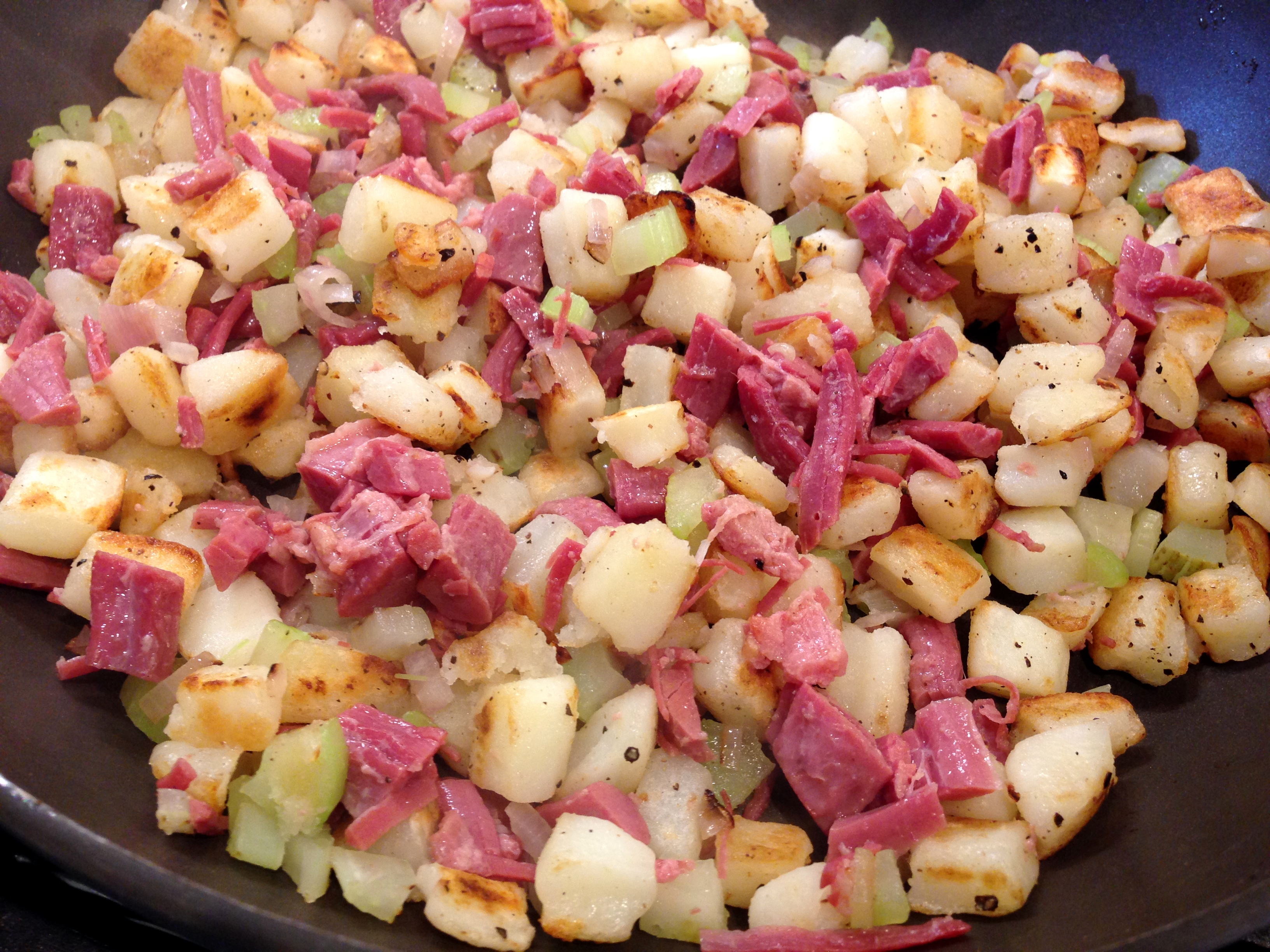 Add corned beef to pan